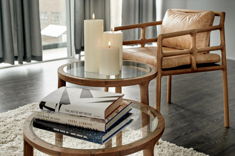 Uyuni Lighting 3D wick medium pillar ivory - flameless candle styled in living room
