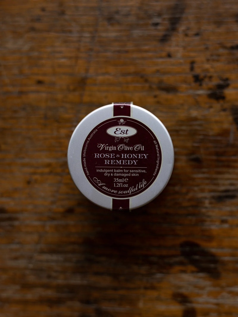 Small Est Australia Rose & Honey Remedy Balm 35ml in a travel-friendly tin. Natural Australian skin balm in a 35ml tin with manuka honey, rosehip oil and shea butter.