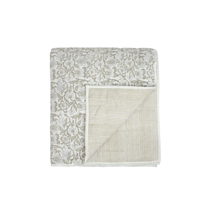 Athena Handblock Natural Coverlet large – linen cotton floral bedding