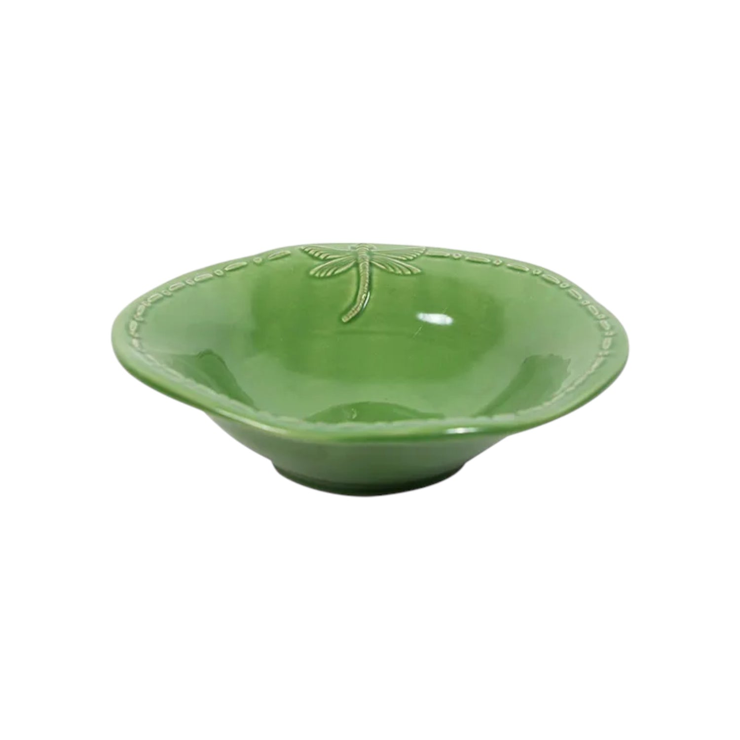 Green dragonfly stoneware cereal bowl with glazed finish