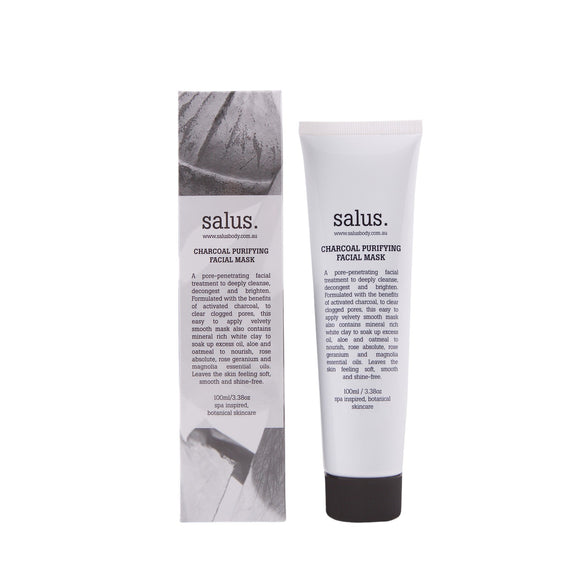 Australian-made charcoal facial mask by Salus. Purifying face mask with activated charcoal and white clay.