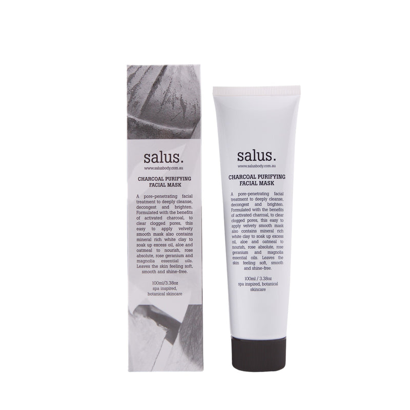 Australian-made charcoal facial mask by Salus. Purifying face mask with activated charcoal and white clay.