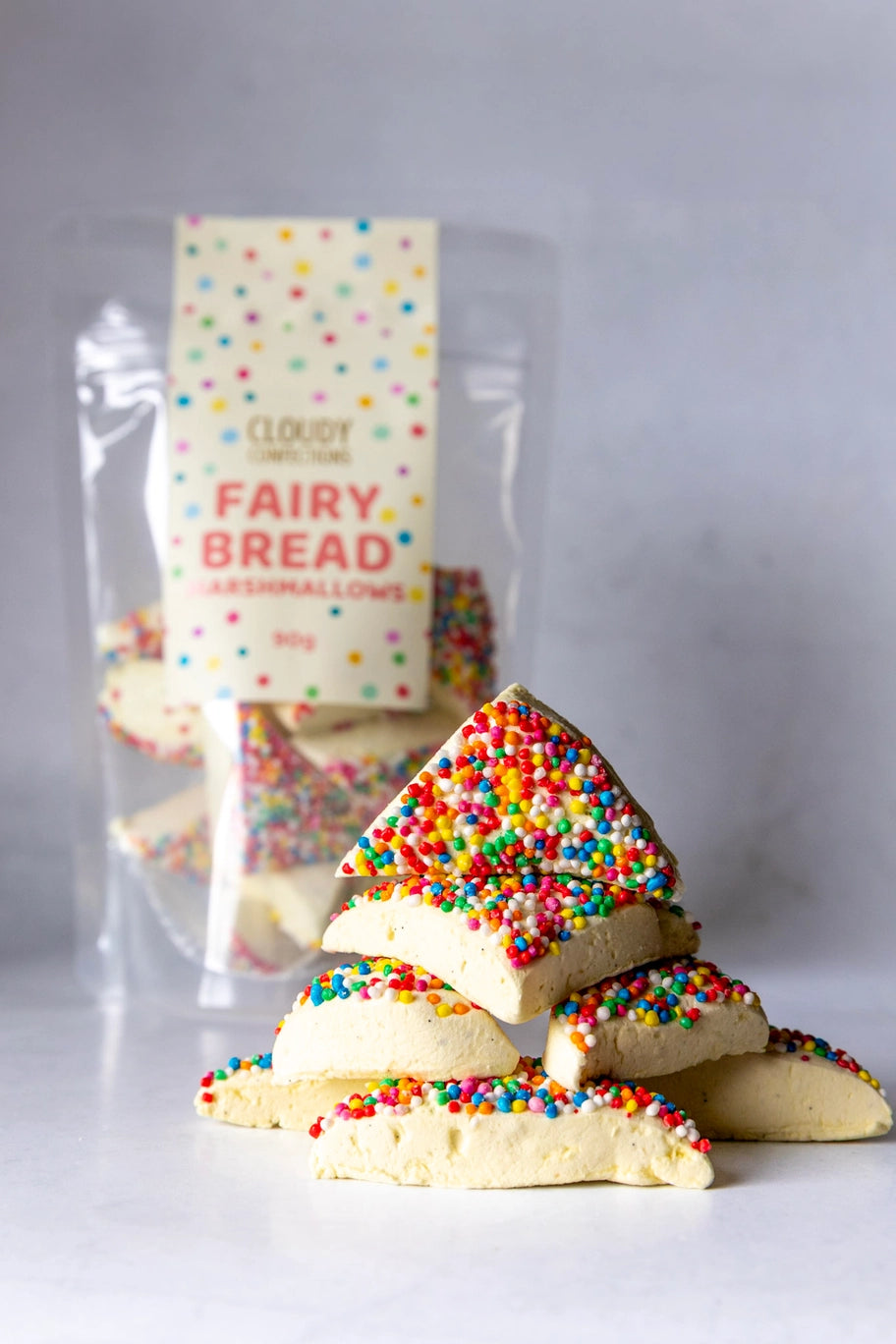 Cloudy Confections fairy bread marshmallows with colourful hundreds and thousands