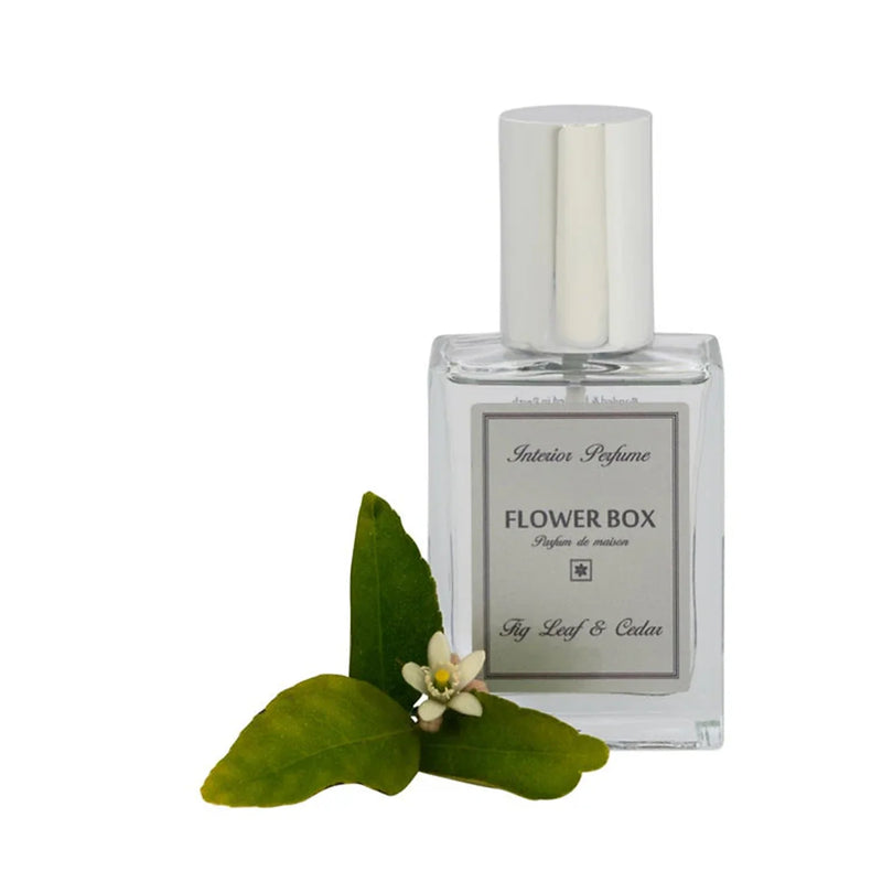 Clear perfume bottle labeled 'Flower Box' with green leaves and a flower on a white background
