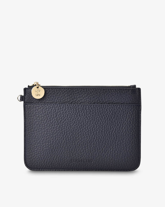Elms+King Flat Pouch in Navy with light gold-plated hardware.