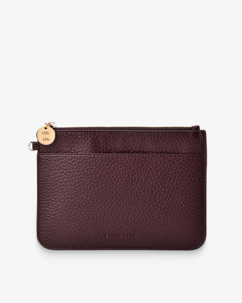 Elms+King Flat Pouch in Wine with light gold-plated hardware.