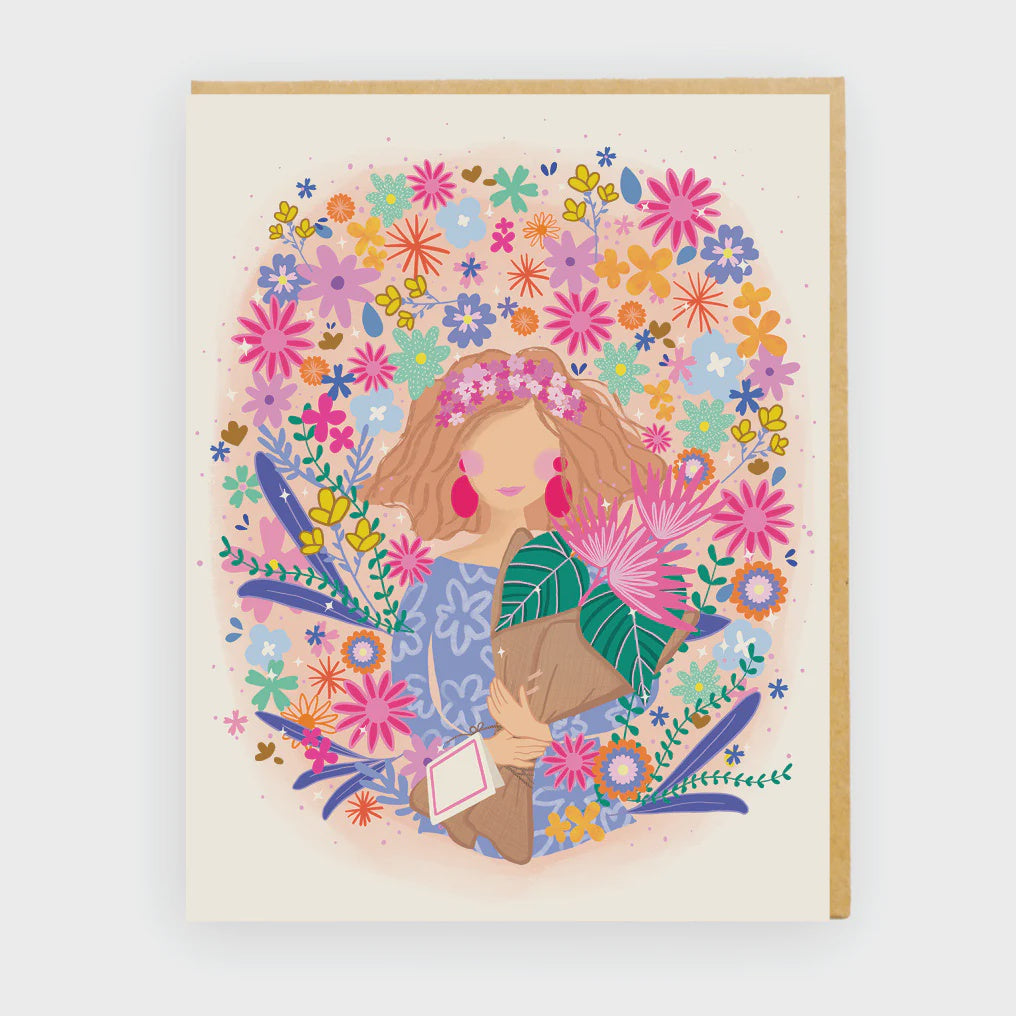 Illustration of a girl surrounded by colorful flowers on a beige background - blank card