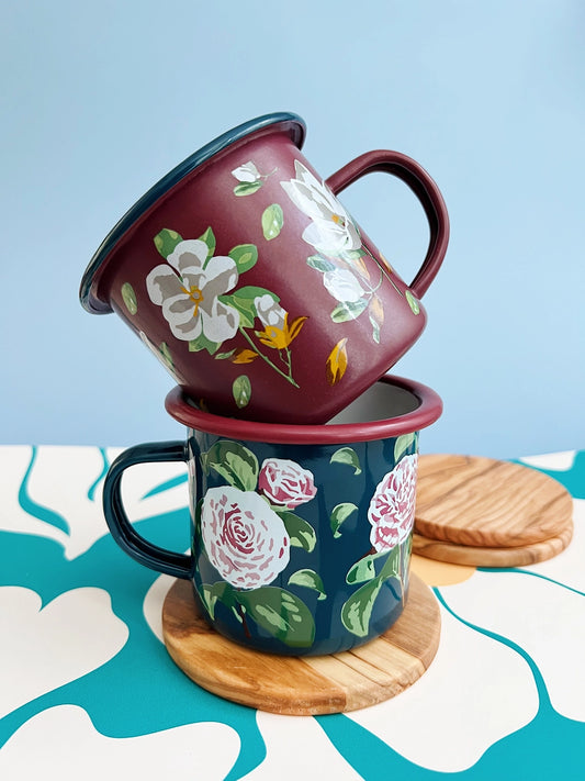 Enamel mug with magnolia artwork
