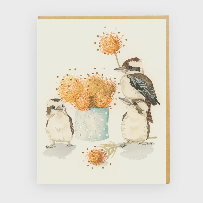 Florist Flock [GOLD FOIL] Card with illustration of three kookaburras and flowers on a light background