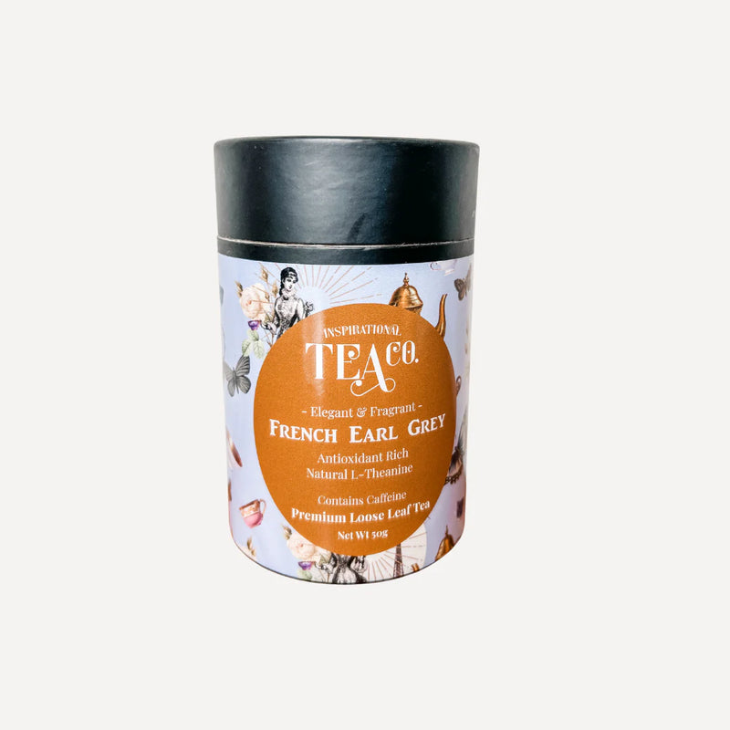 Tea canister labeled 'French Earl Grey' from Inspirational Tea Co on a white background