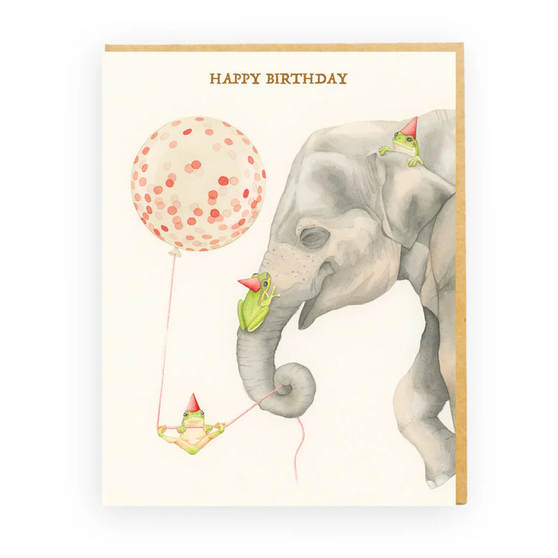 frog affection birthday card - featuring happy birthday text, an elephant holding a ballon with its trunk and green tree frogs wearing red part hats