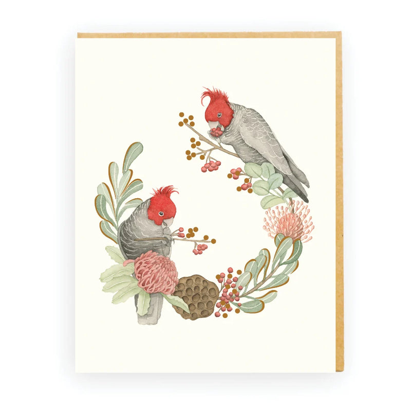 Missy Bee Bee Gang Gang Garland greeting card featuring Australian birds and waratah flowers
