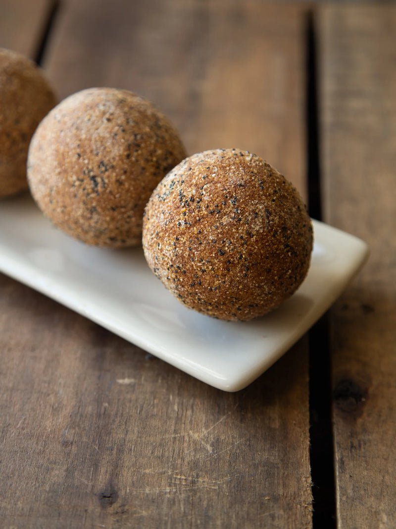 Garden Scrub Small Soap Ball by Est Australia with a rustic hand-rolled finish.
Handmade 120g olive oil soap ball with gentle natural exfoliating botanicals.