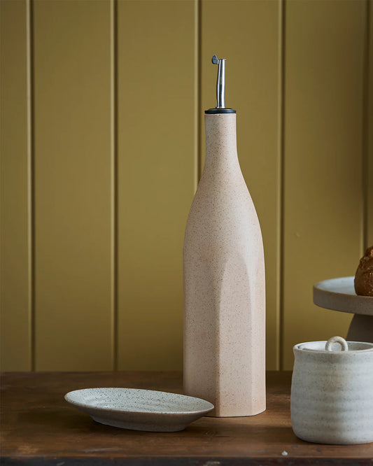 Ceramic stoneware oil dispenser with stainless steel spout