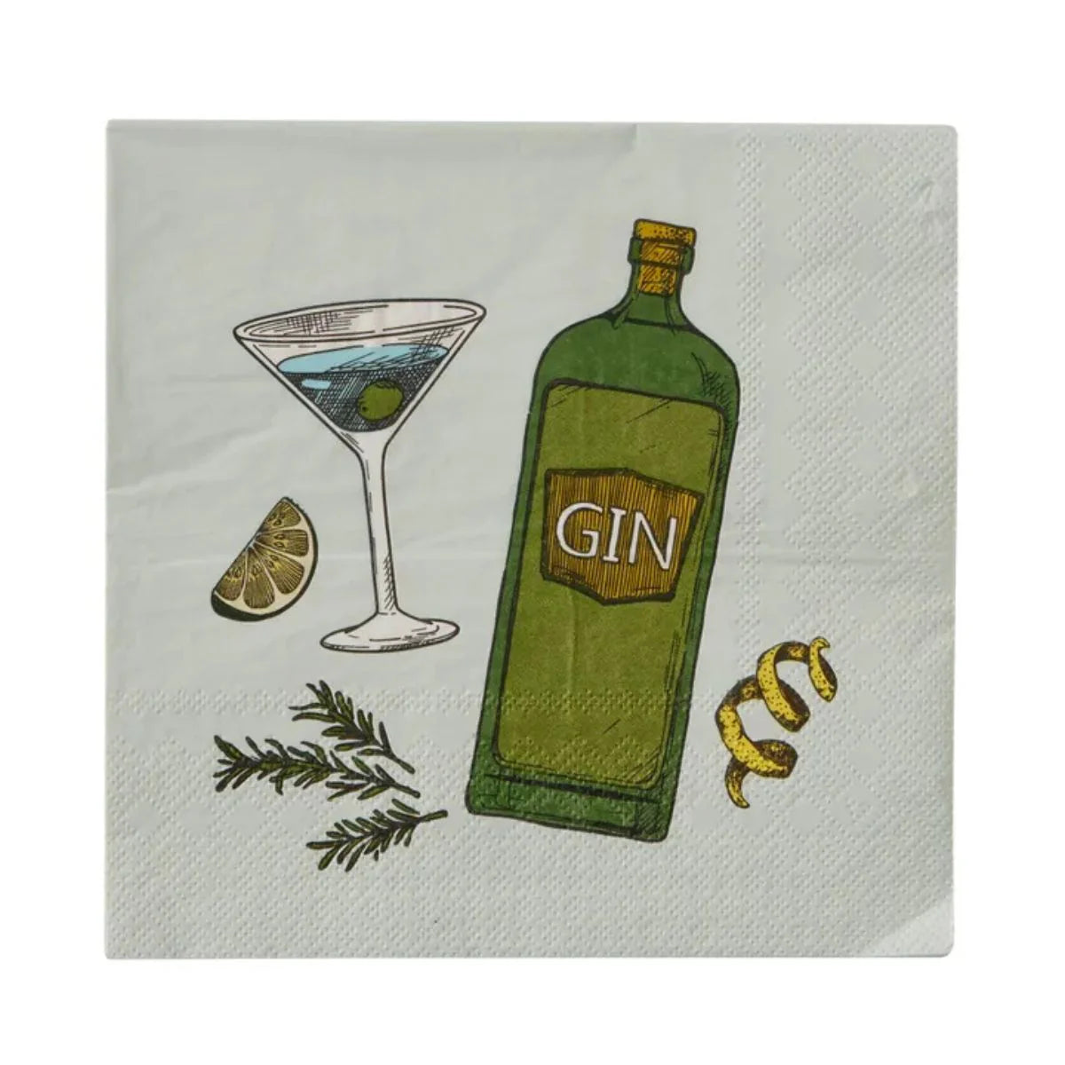 Napkin with a green gin bottle, cocktail glass, and garnishes on a white background
