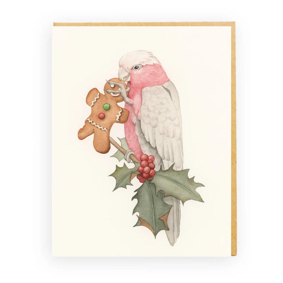 Ginger Binger Christmas card featuring Australian bird eating gingerbread