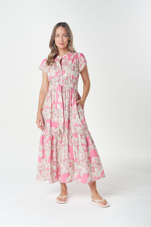 Pink floral cotton poplin summer dress in Flamingo Flower print
