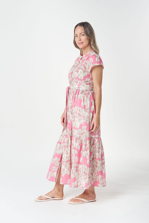 Pink floral cotton poplin summer dress in Flamingo Flower print