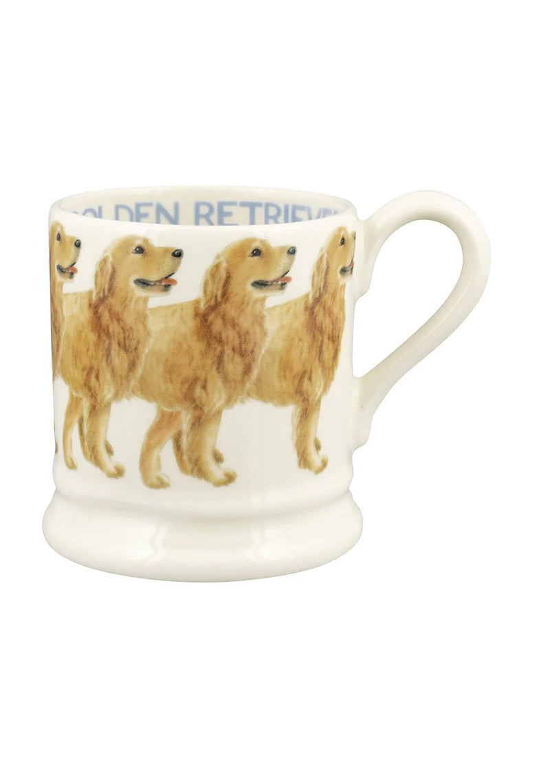Emma Bridgewater Golden Retriever half pint mug featuring a row of Golden Retriever illustrations.
