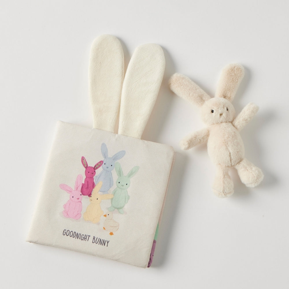 Baby activity fabric book with plush bunny for storytime and play.
