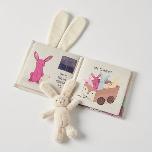 Soft fabric baby book with Goodnight Bunny plush companion.