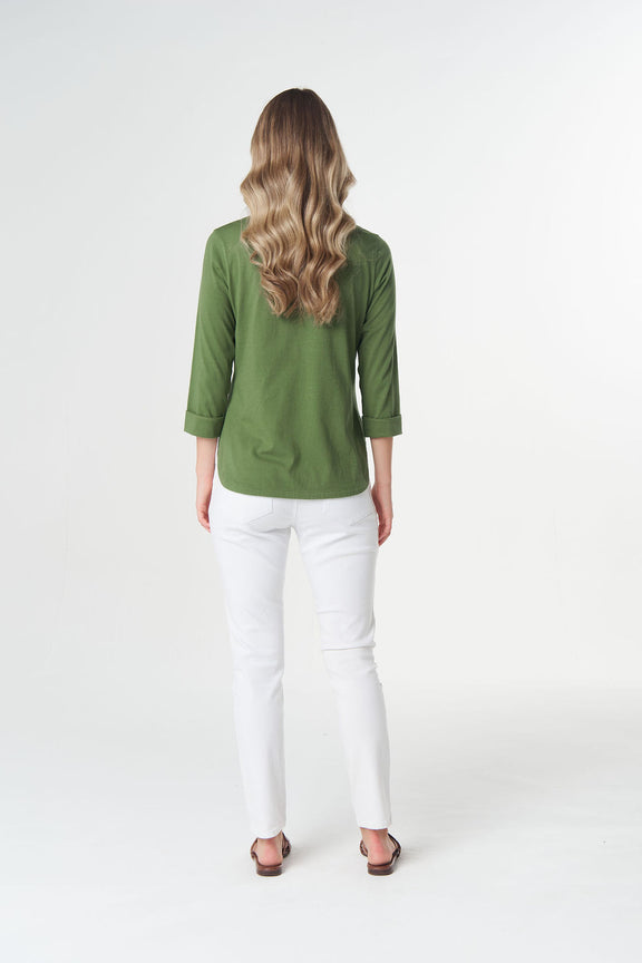 Goondiwindi Cotton Cedar Green crew neck tee with curved hem