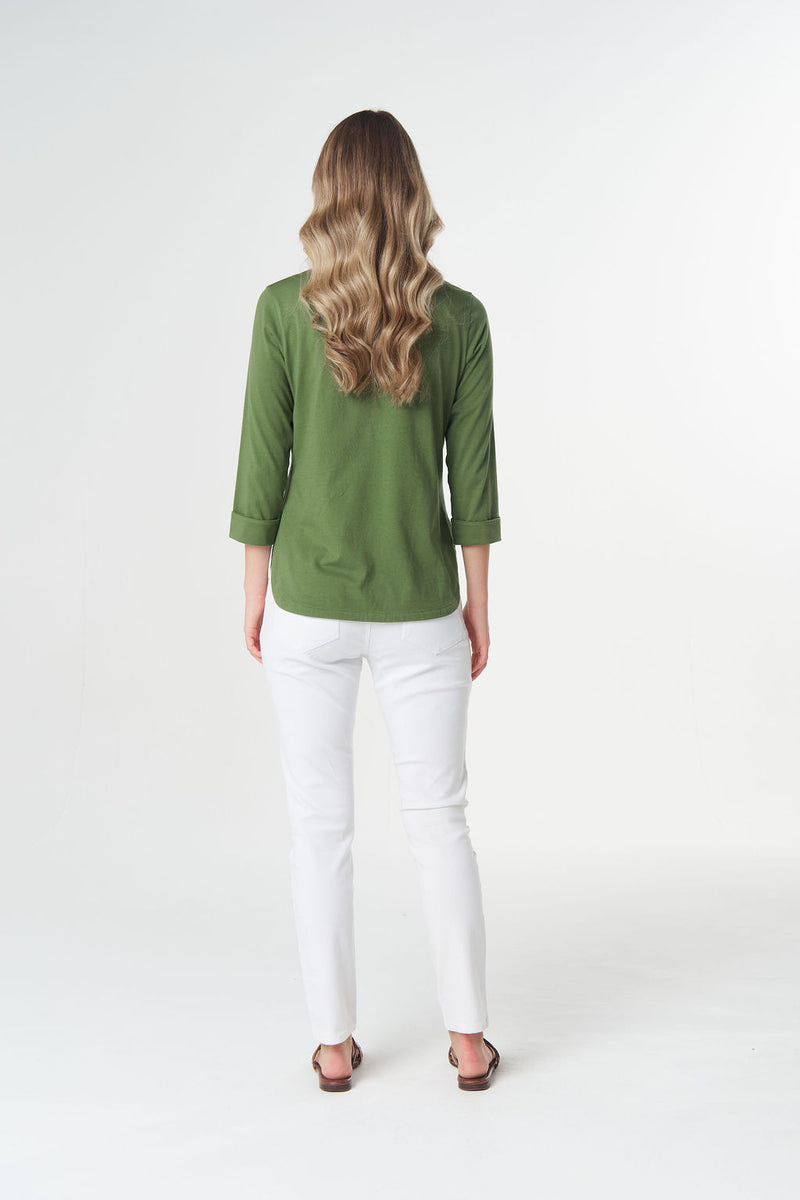 Goondiwindi Cotton Cedar Green crew neck tee with curved hem