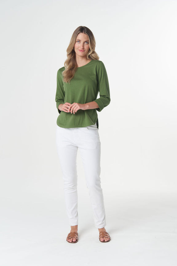 Women's regular fit 3/4 sleeve cotton T-shirt in Cedar Green