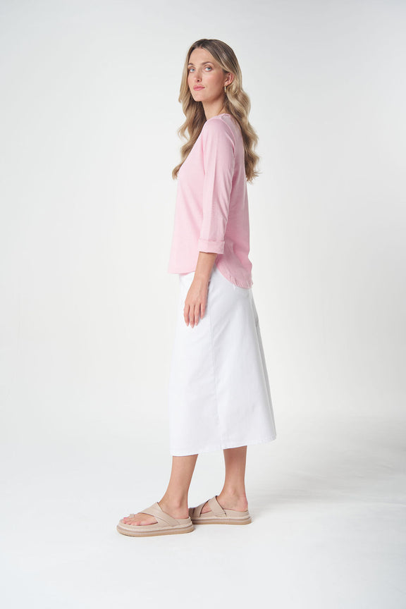 Pink women's Australian cotton tee with cuffed three quarter sleeves