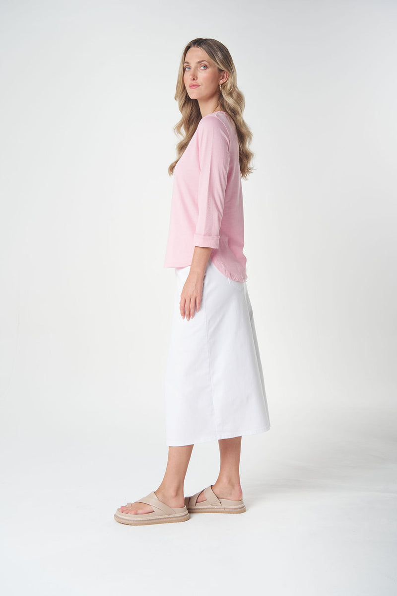 Pink women's Australian cotton tee with cuffed three quarter sleeves