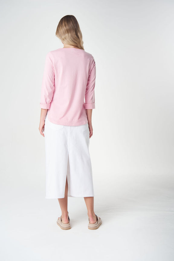 Goondiwindi Cotton Pink crew neck tee with curved hem