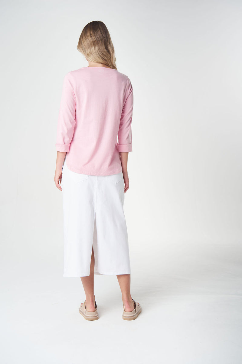 Goondiwindi Cotton Pink crew neck tee with curved hem
