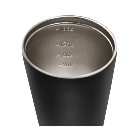 Fressko Grande 16oz travel coffee cup in coal with double-wall insulation and barista fill lines.