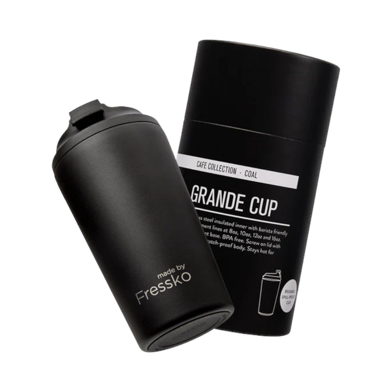 Fressko Grande reusable coffee cup in coal with insulated stainless steel body and click-back lid.