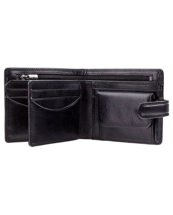 Men's bifold leather wallet with coin pocket and snap-tab closure