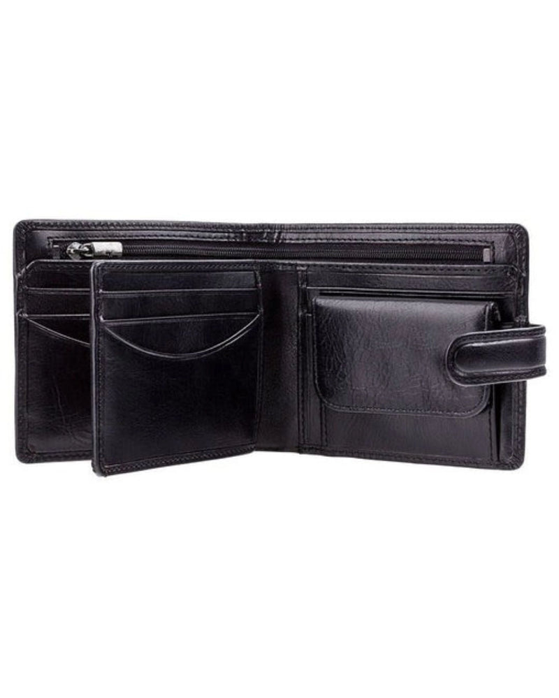 Men's bifold leather wallet with coin pocket and snap-tab closure