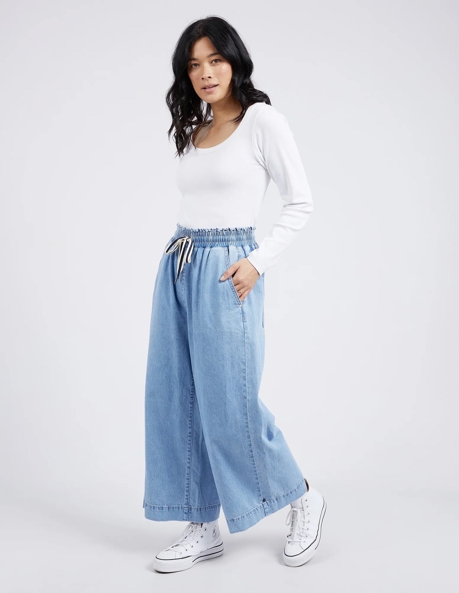 Elm Greta Wide Leg Pant Mid Blue Denim front view