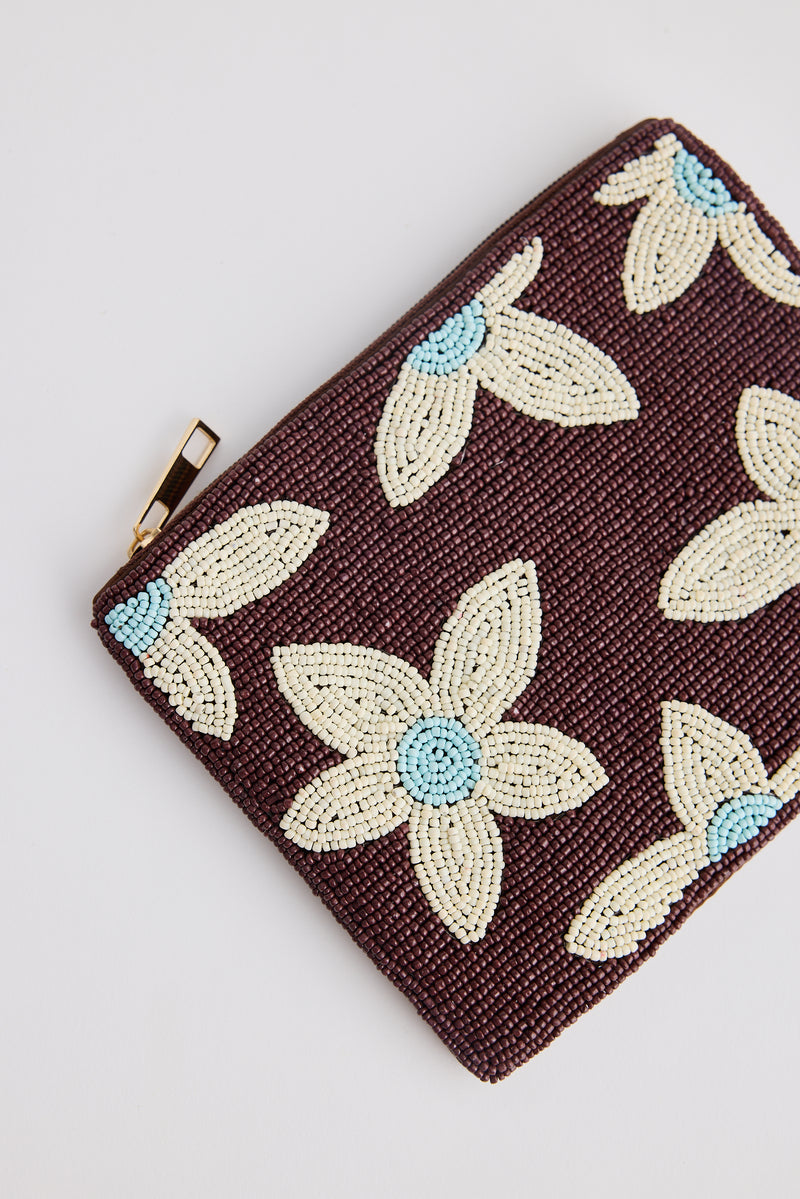 Holiday Firenze Clutch – Brown Beaded Floral Design