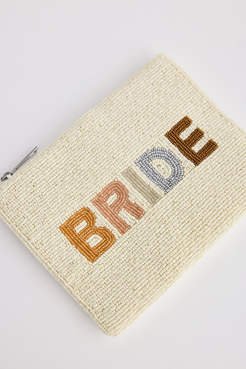 White beaded clutch with satin back, perfect for bride