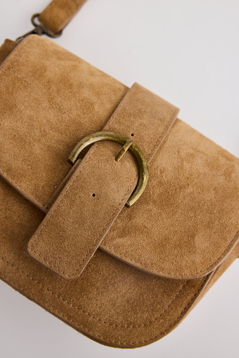Tan suede bag with cotton lining- view of Caraway Bag showing  detailing