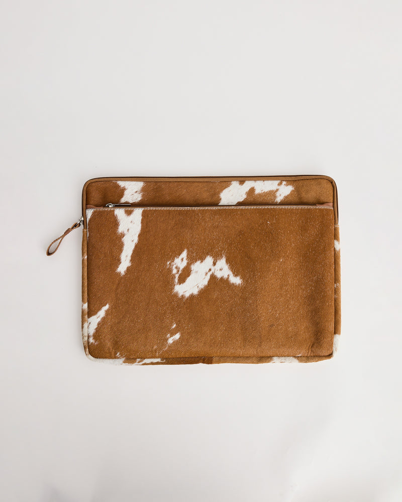Top view showing Hilda Laptop Bag Tan. Cowhide country style laptop case