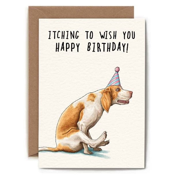 HB Itching Birthday Card – funny dog scratching illustration
