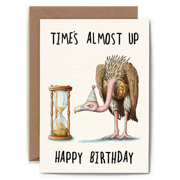 HB Time’s Almost Up Birthday Card – old bird with hourglass design