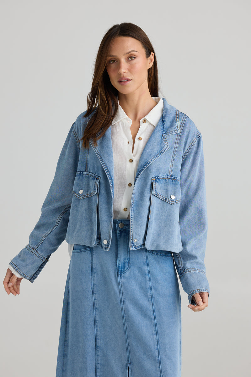 Cruise Jacket styled over a skirt 