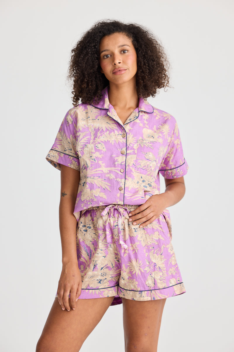 Purple Haveli print PJs with button shirt and elastic shorts