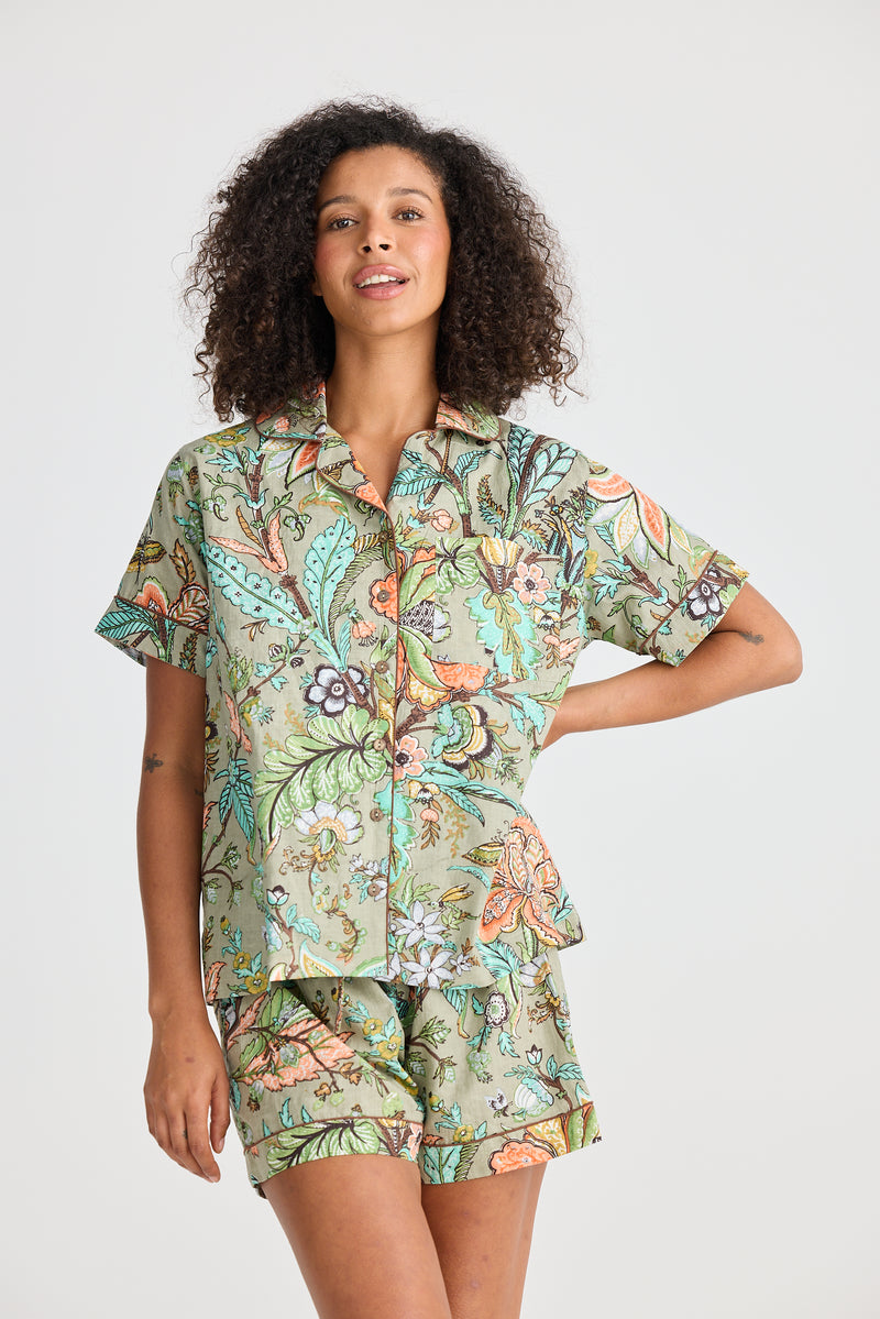 Women’s Namaste Pyjama Set in Madagascar Print – short sleeve shirt and shorts with piping detail