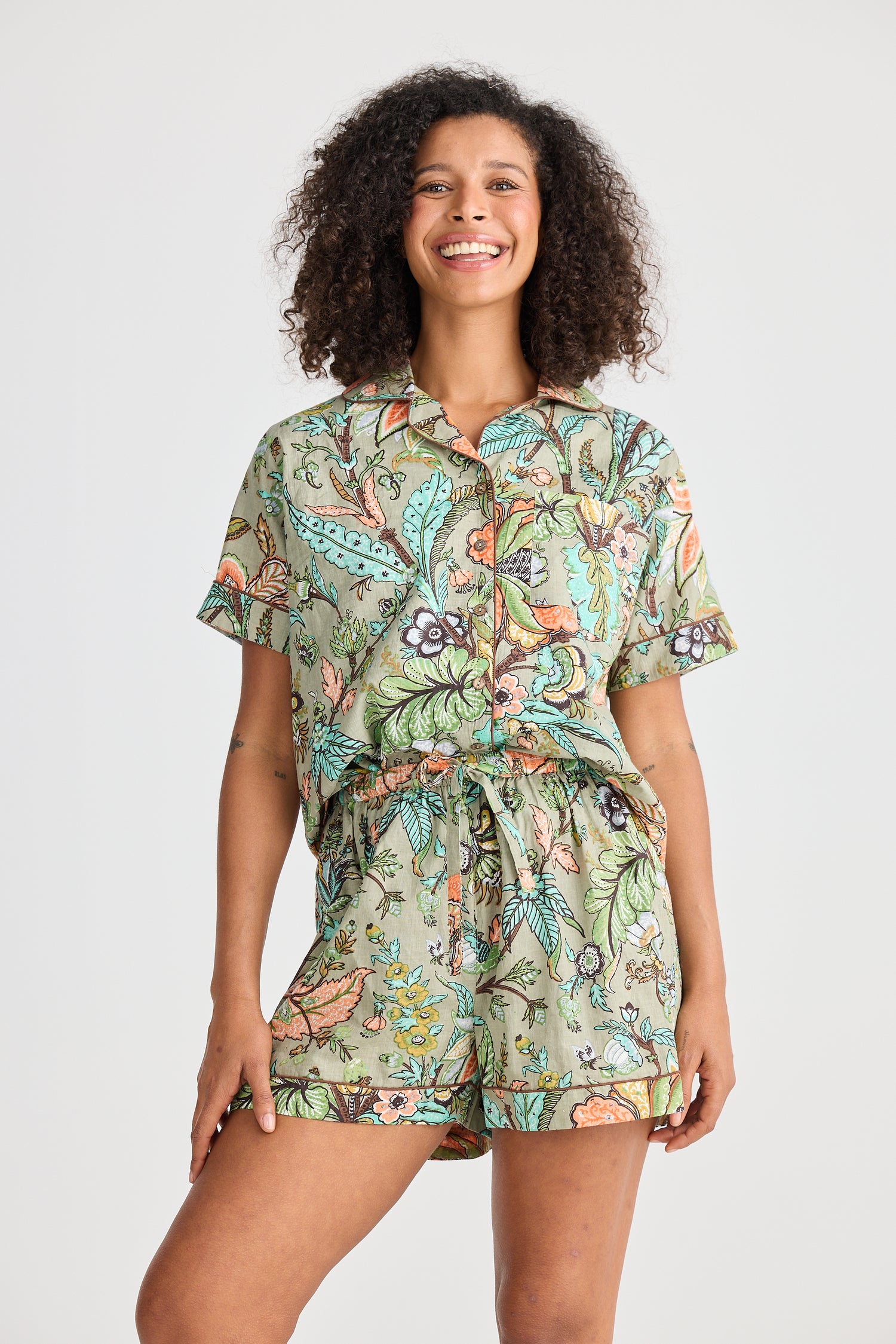 Lightweight cotton pyjama set in colourful Madagascar print with elastic waist shorts