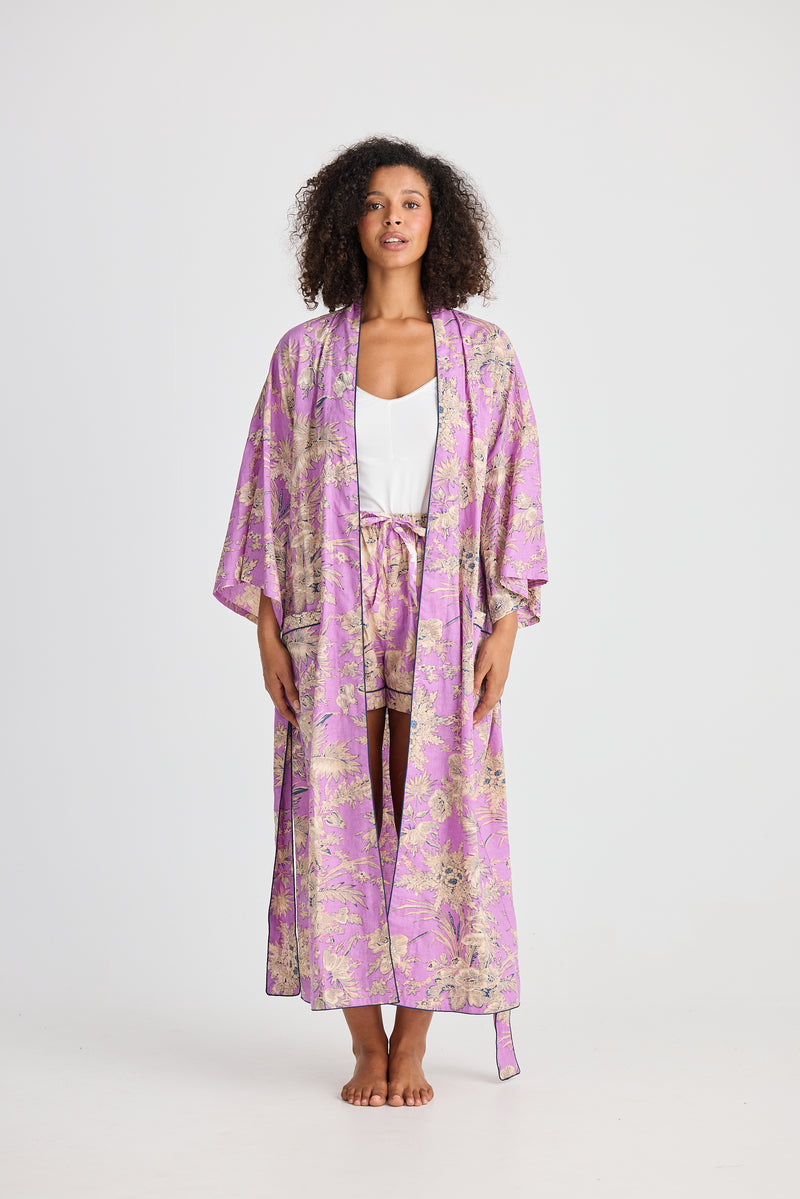 Namaste Robe | Purple Haveli Print | Cotton Kimono Style