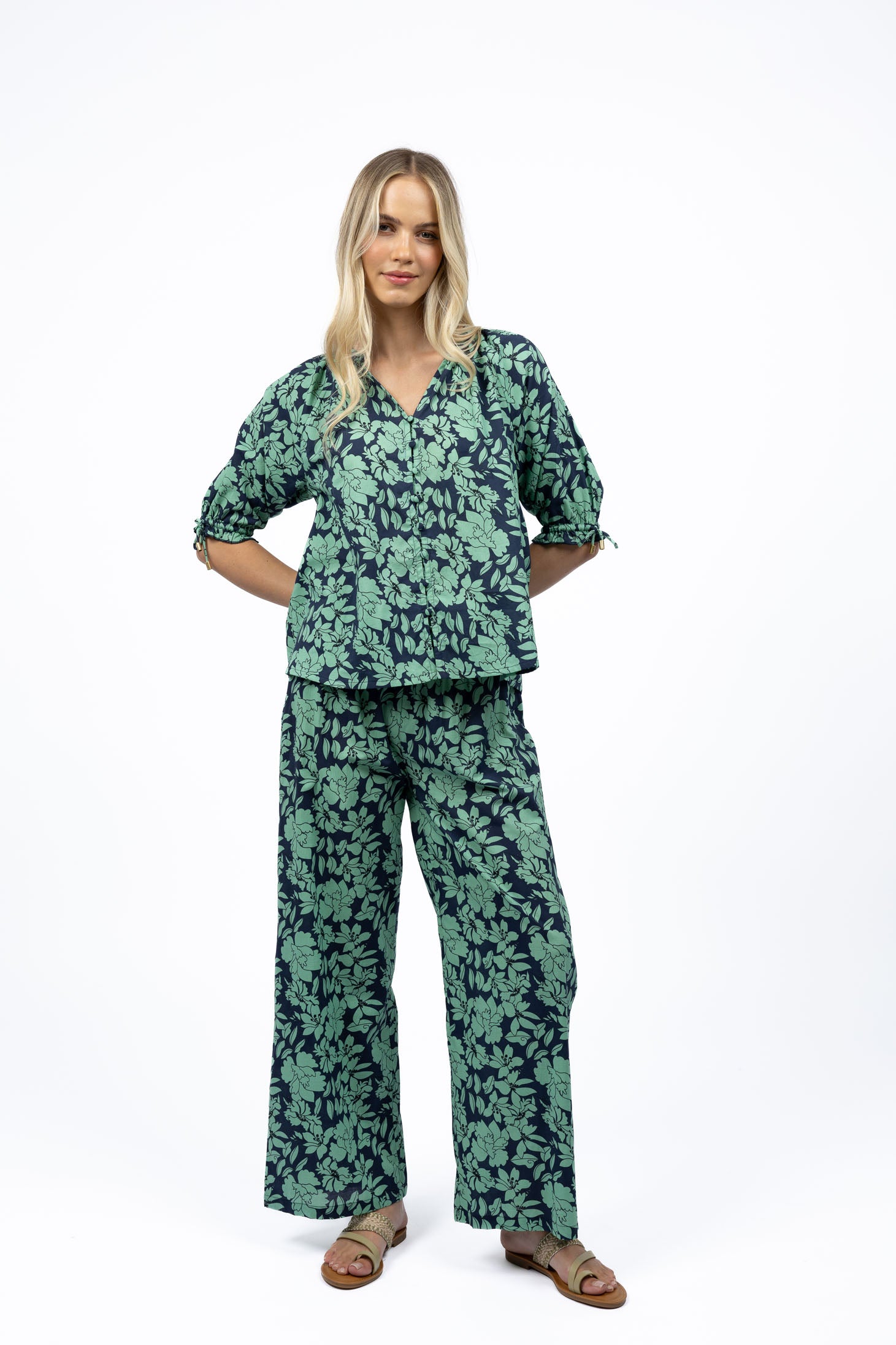 Lightweight floral cotton blouse by Humidity Lifestyle, front view.