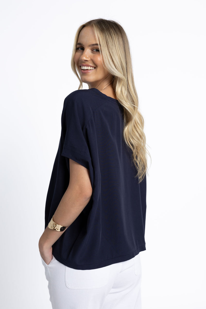 Lush Top Navy styled with Marrakesh Pant – side view